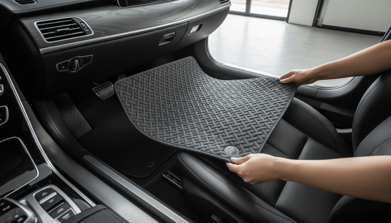 Premium weather-resistant car floor mat being installed