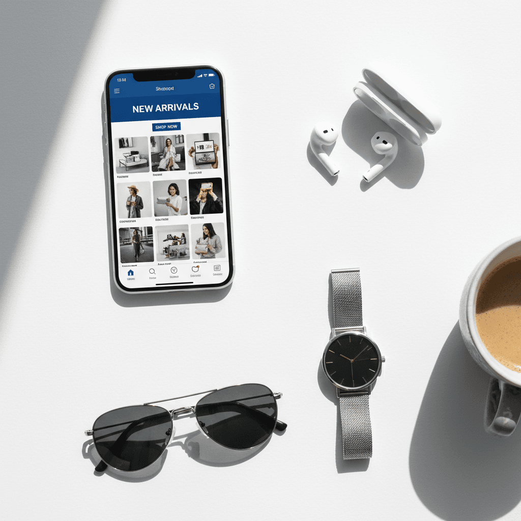 Electronics and gadgets displayed with smartphone showing deals