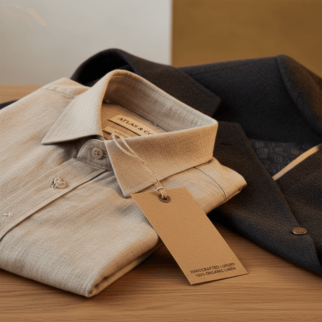 Close-up of quality clothing showing brand details and construction