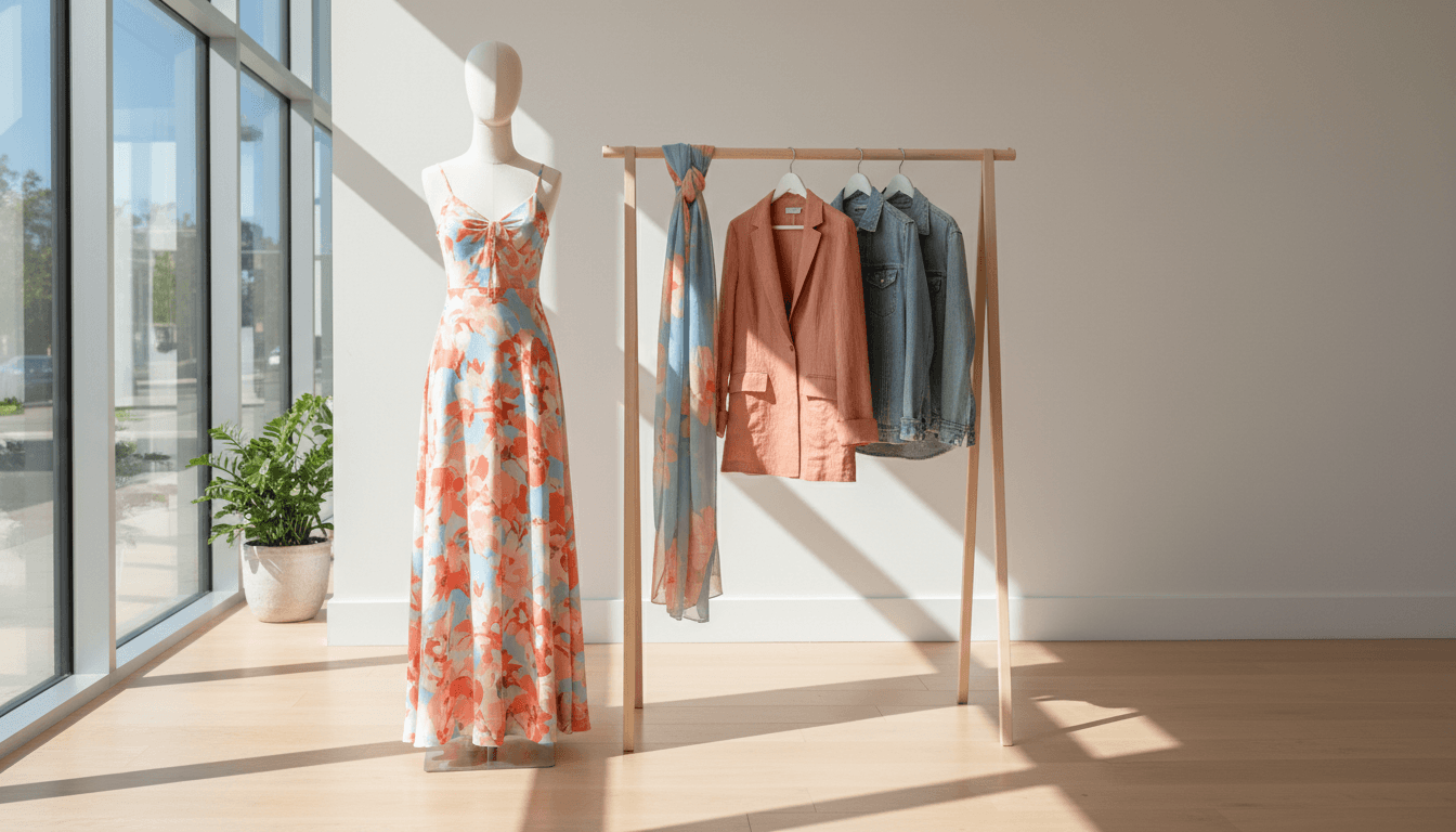Clothing display with dresses and outerwear