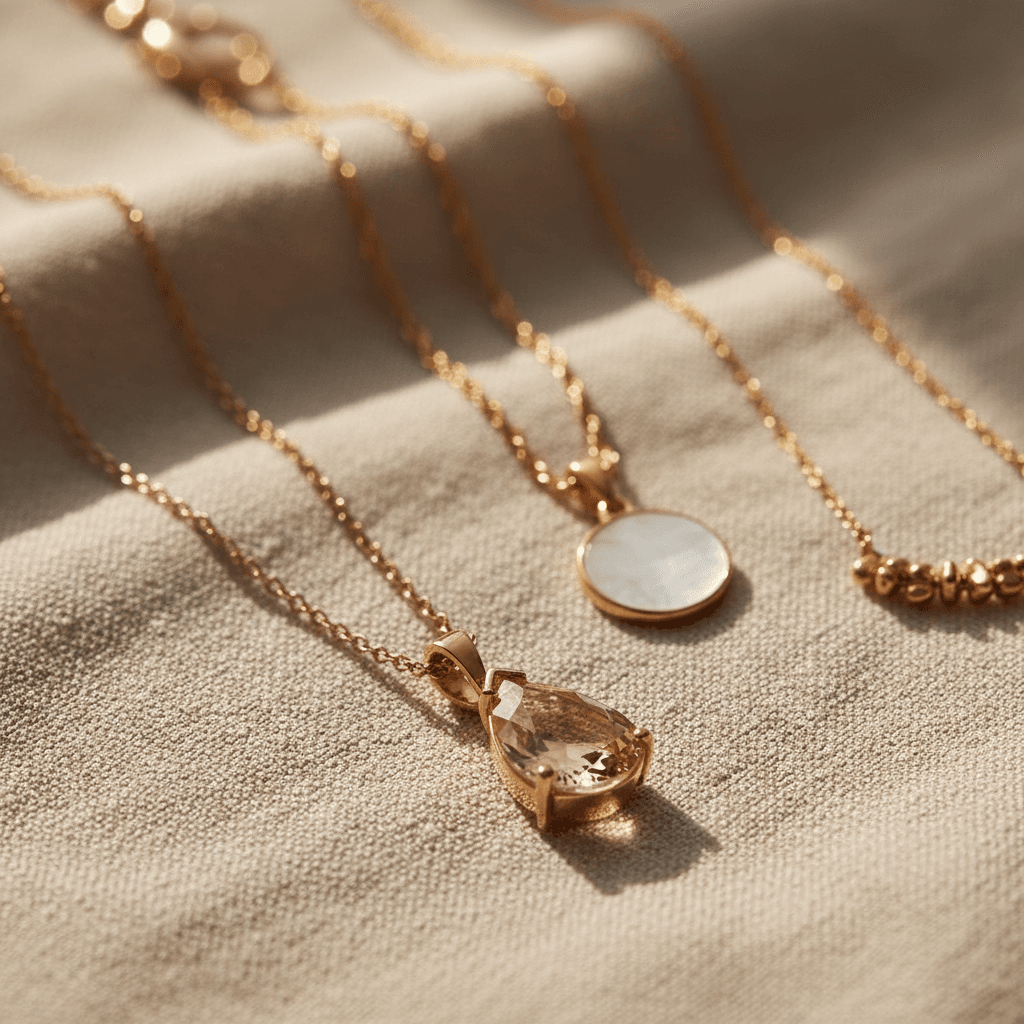 Designer gold and silver necklaces displayed on neutral fabric