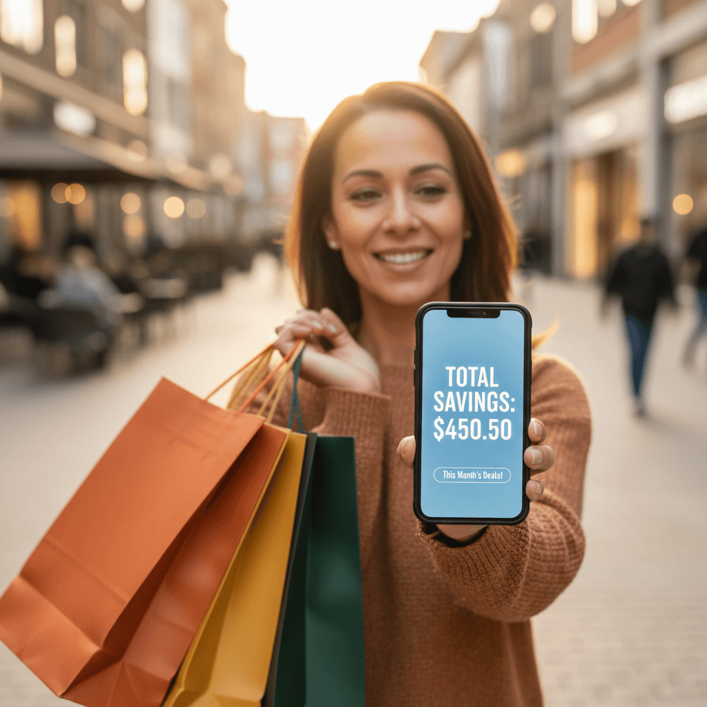 Customer holding shopping bags while viewing savings summary