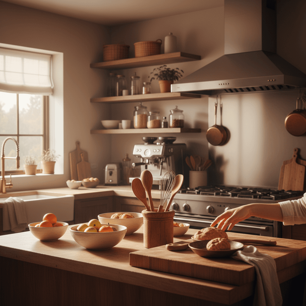 Modern kitchen with home and kitchen items displayed