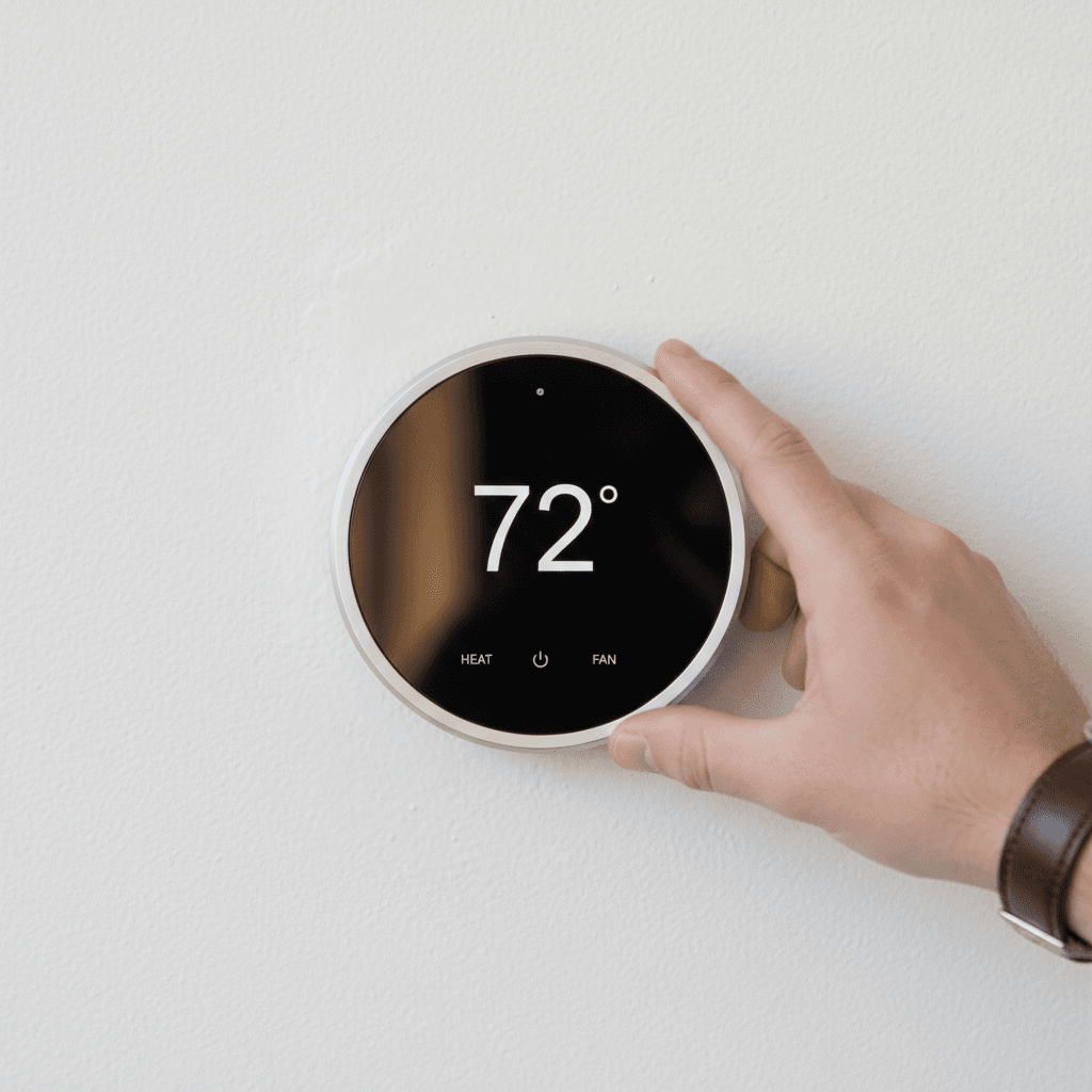 Smart thermostat on wall with hand adjusting controls