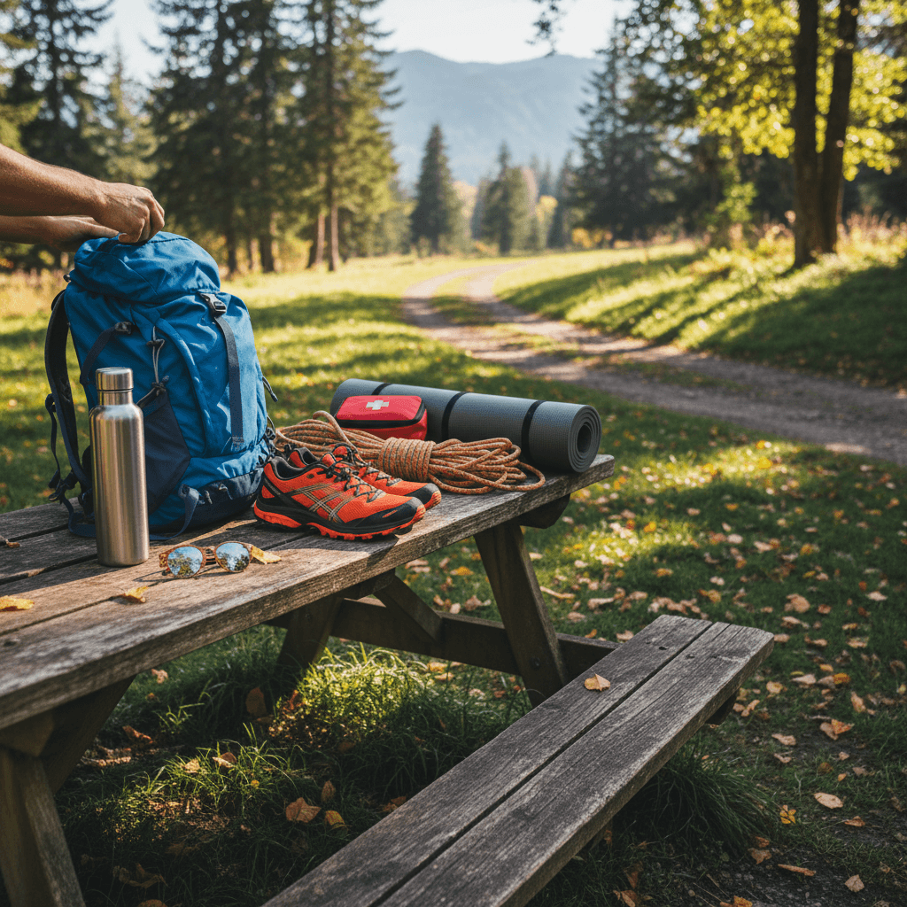 Sports and outdoor gear arranged outdoors