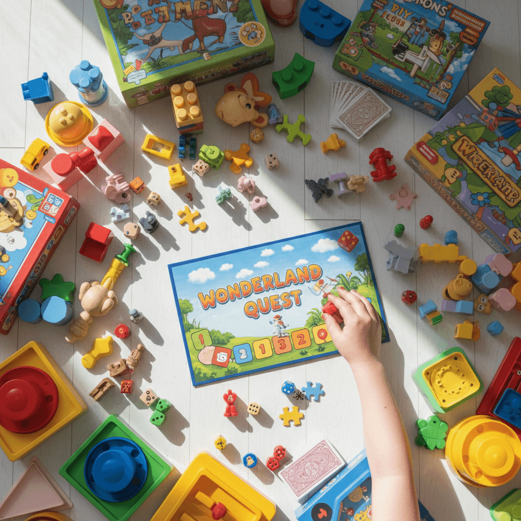 Overhead view of colorful toys and games
