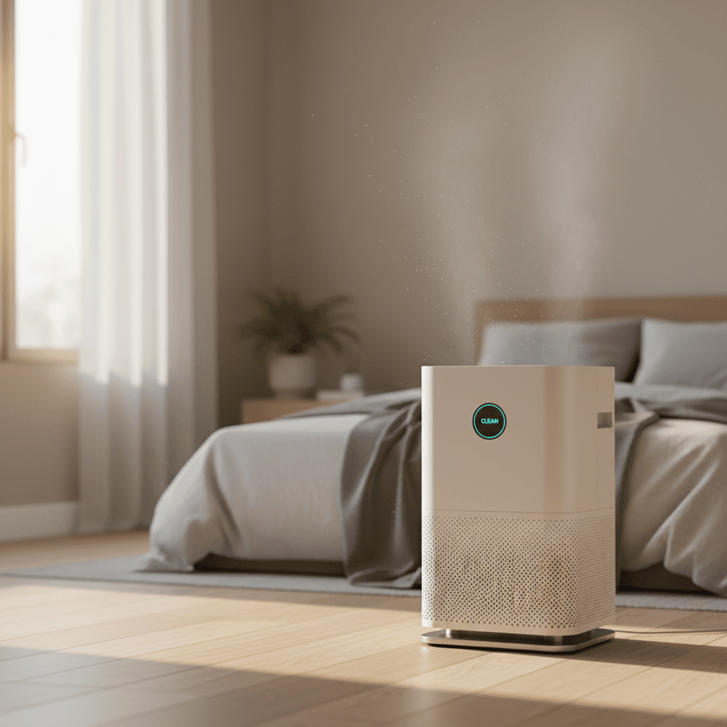 Modern air purifier in bedroom corner with natural light