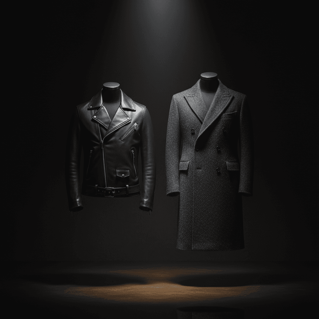 Premium leather jacket and wool coat on dark background