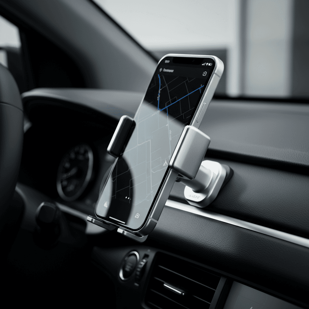 Smartphone mounted on car dashboard