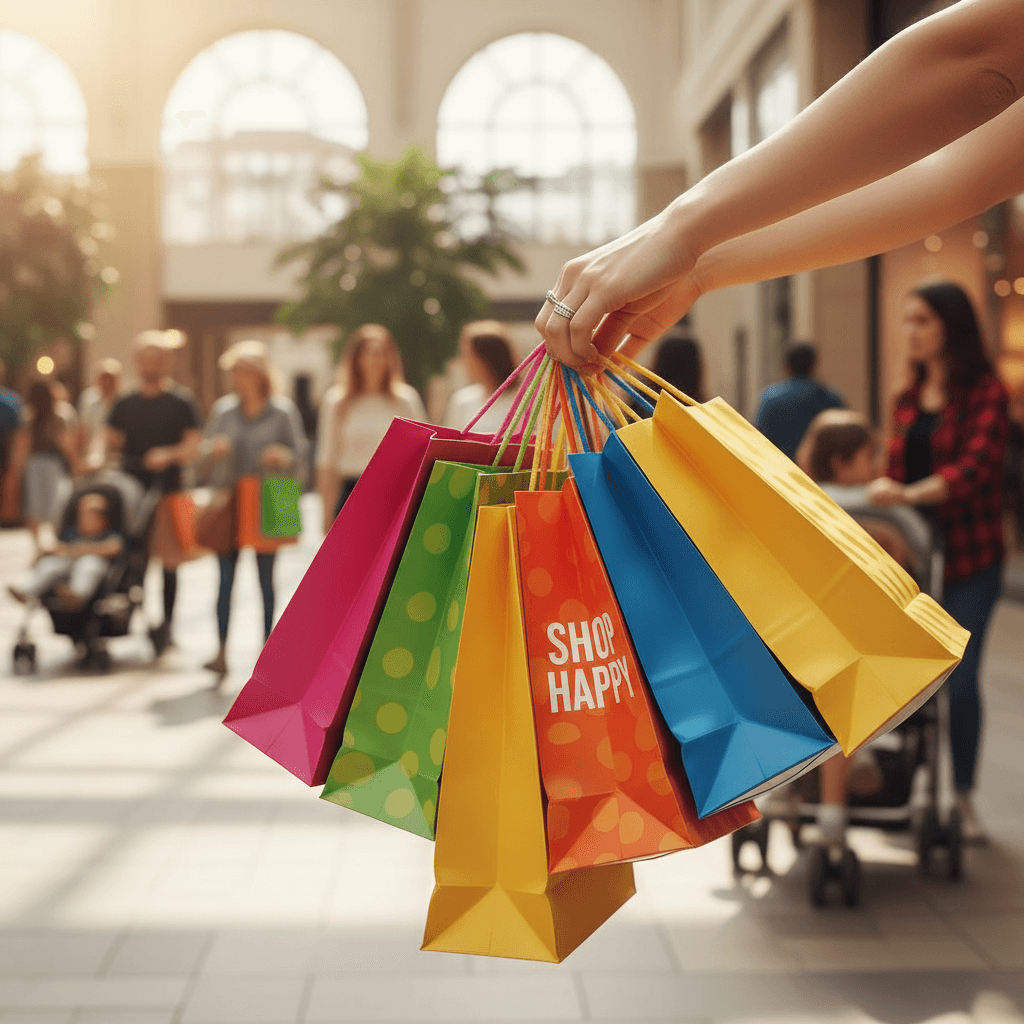Colorful shopping bags held by diverse customers