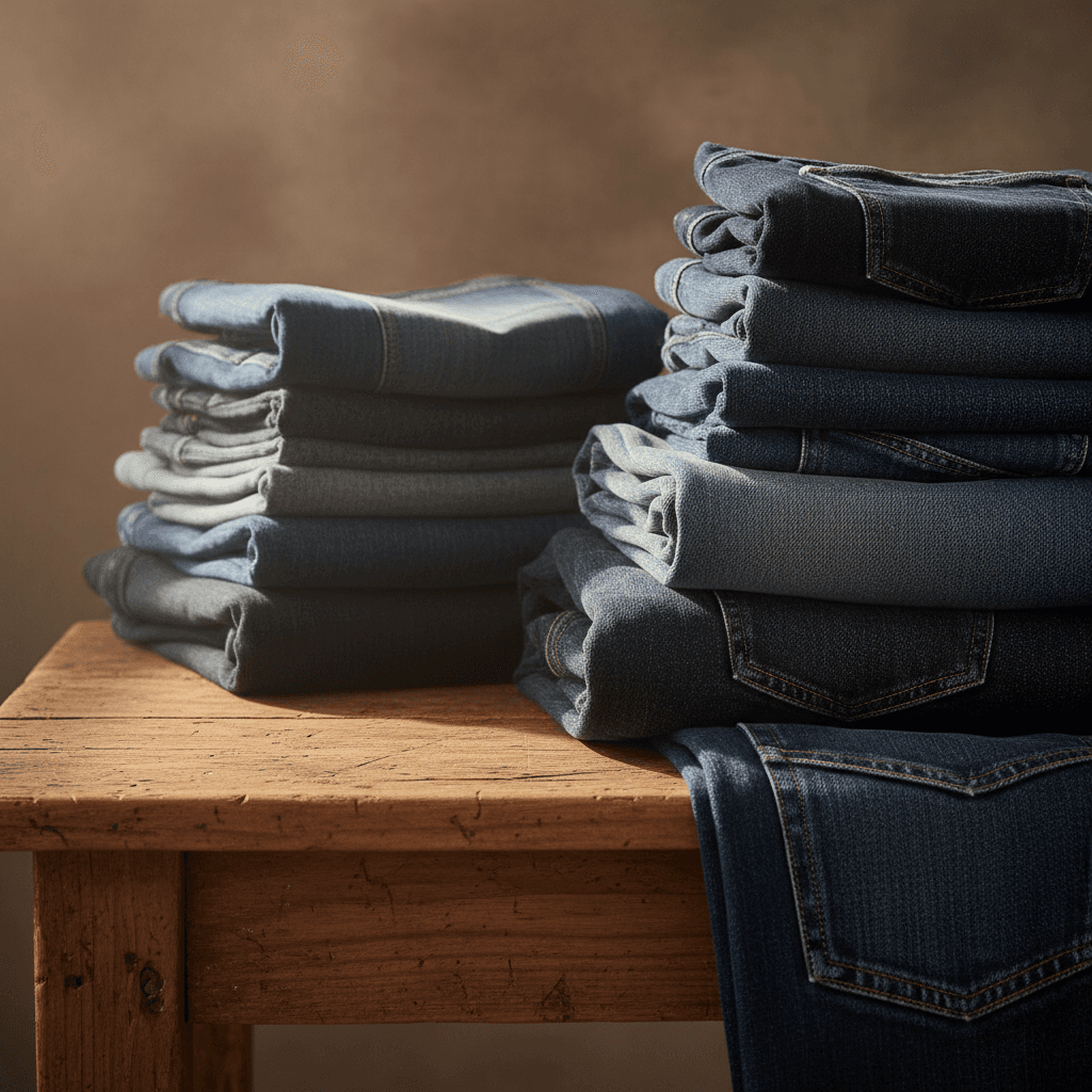 Folded denim jeans and jackets in various washes