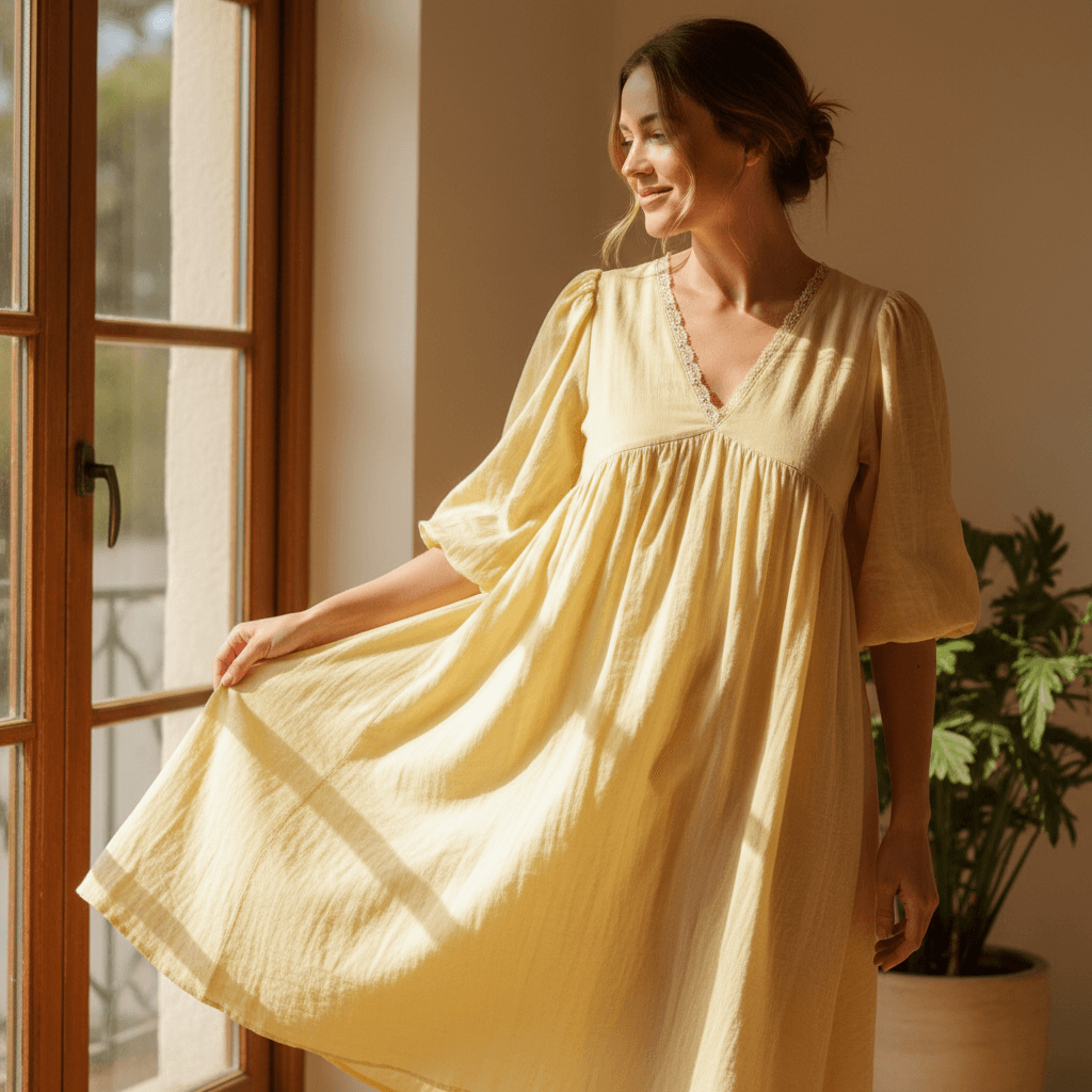 Woman wearing a flowing summer dress in natural light
