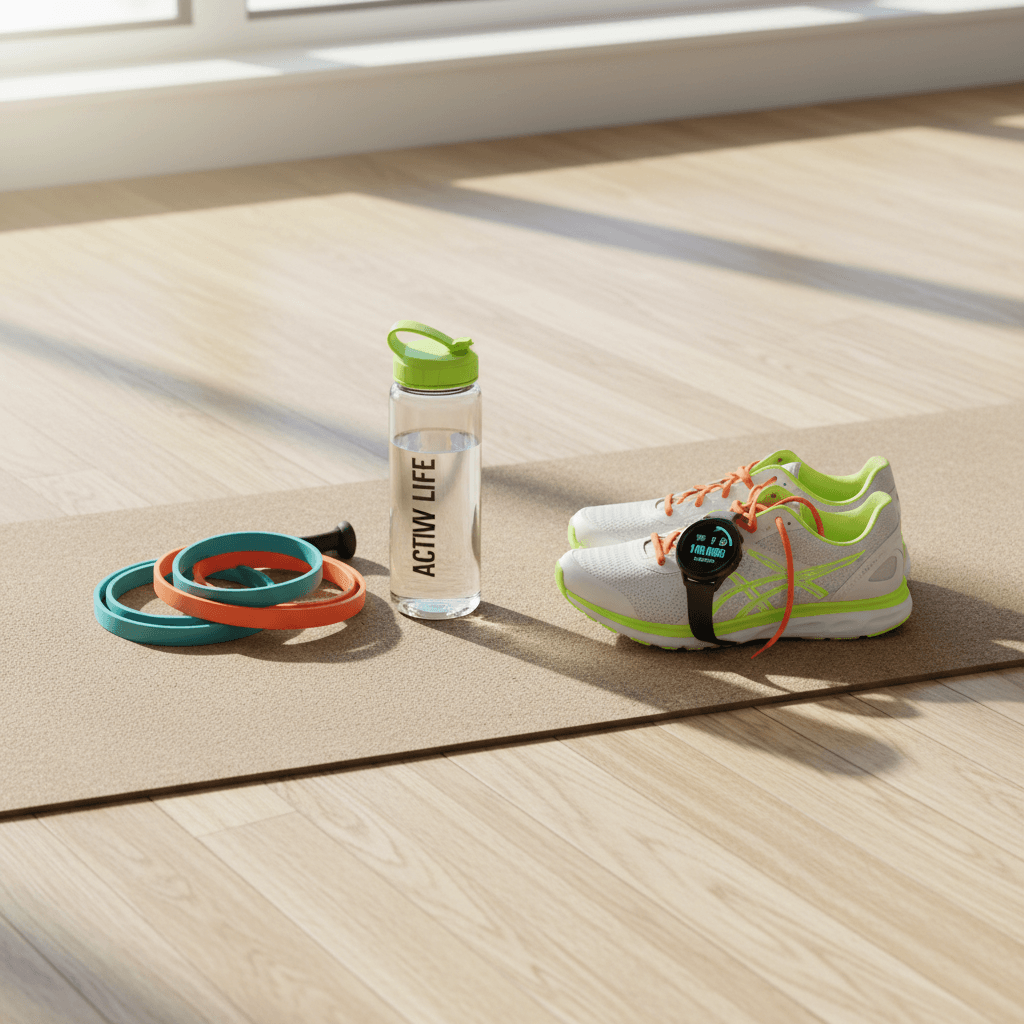 Fitness and wellness products arranged on yoga mat