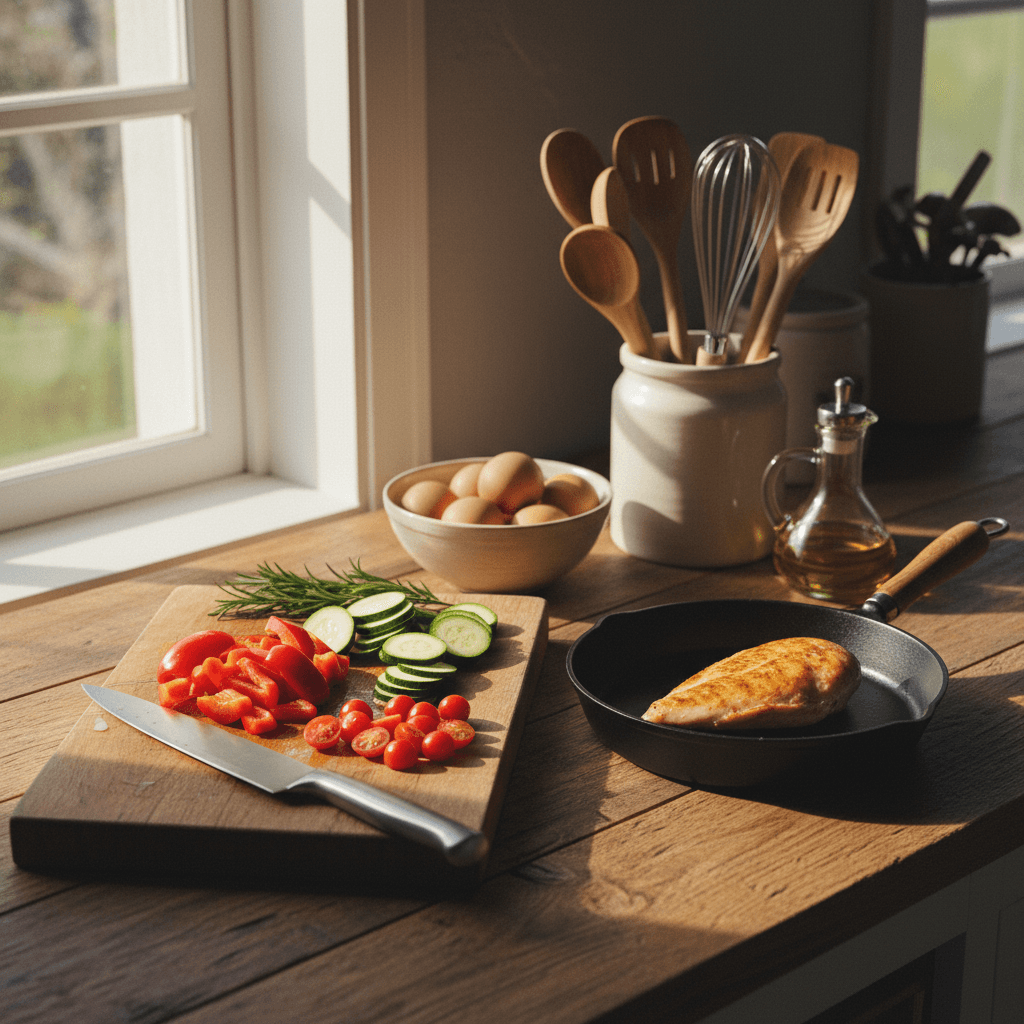 Kitchen and cooking essentials arranged on countertop
