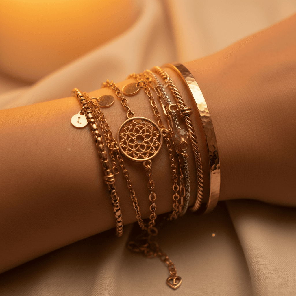 Layered bracelets in mixed metals displayed on neutral background