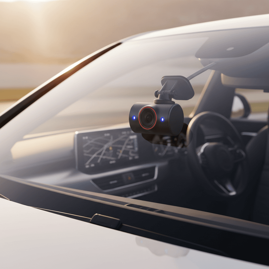 Modern dash cam mounted on car windshield