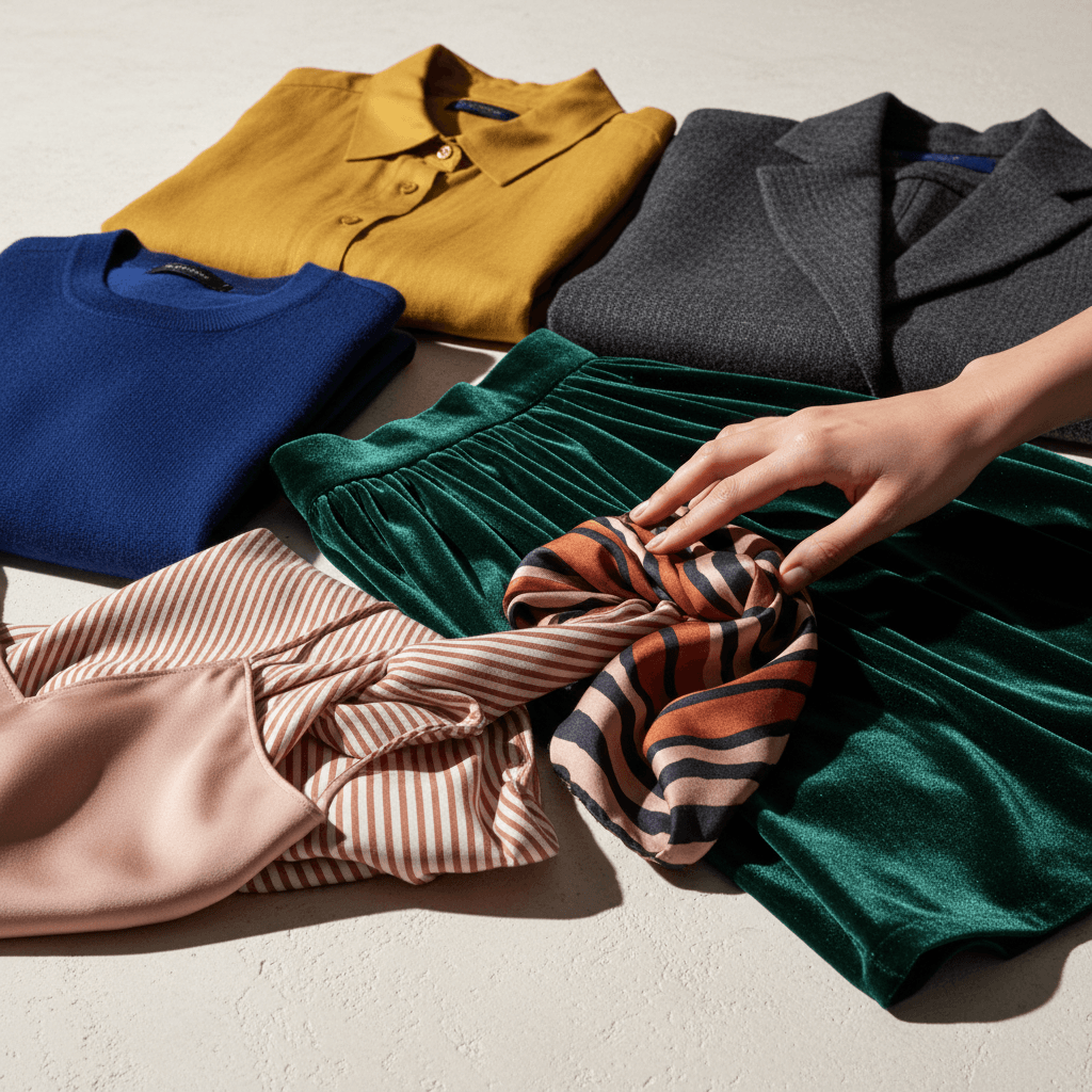 Folded clothing and fashion items with fabric details