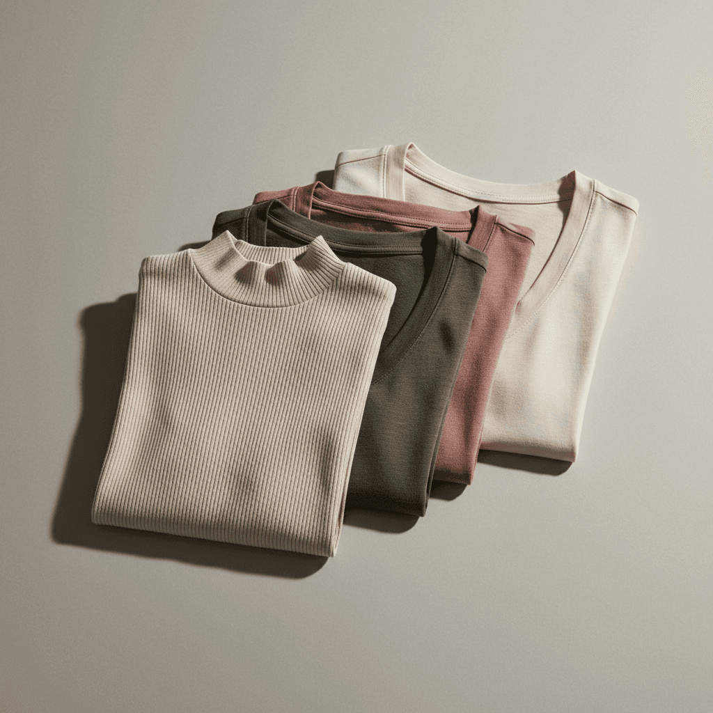Folded fitted tops showing varied styles and necklines
