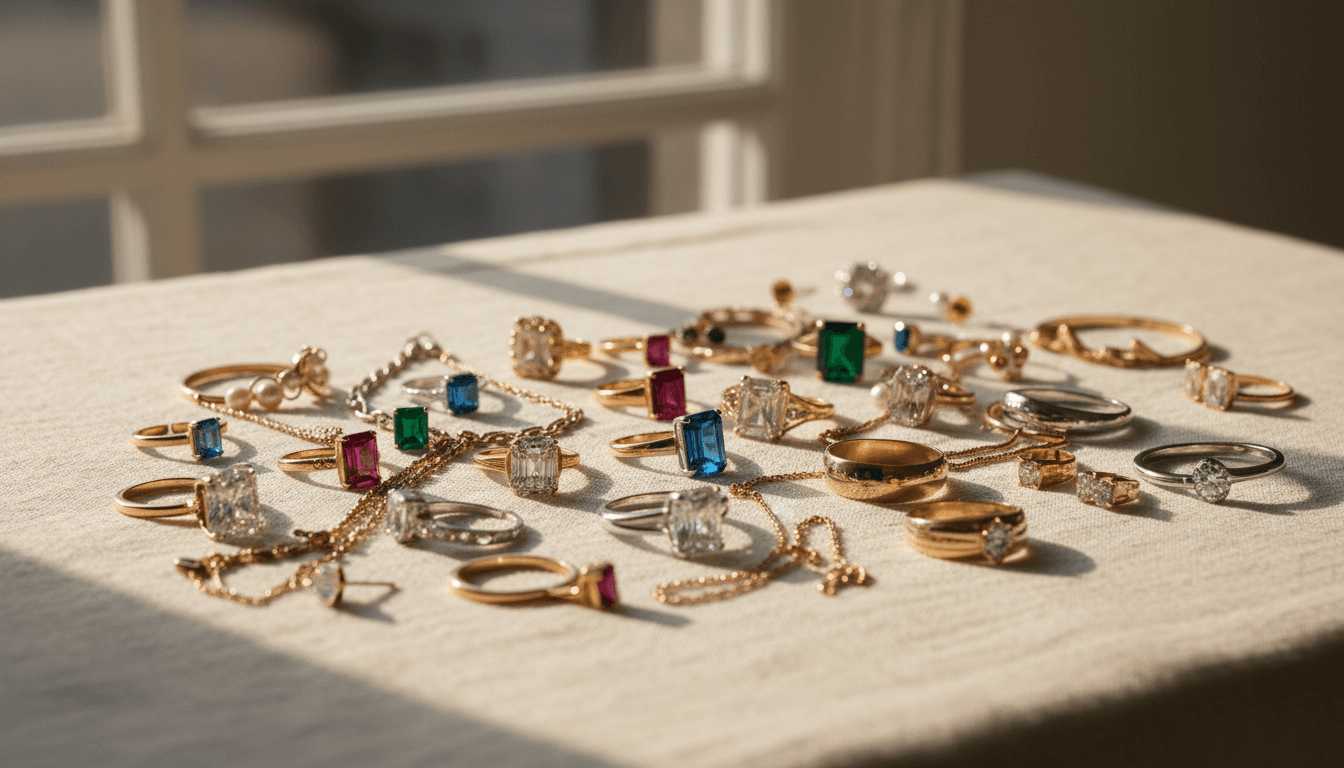 Assortment of jewelry pieces on linen