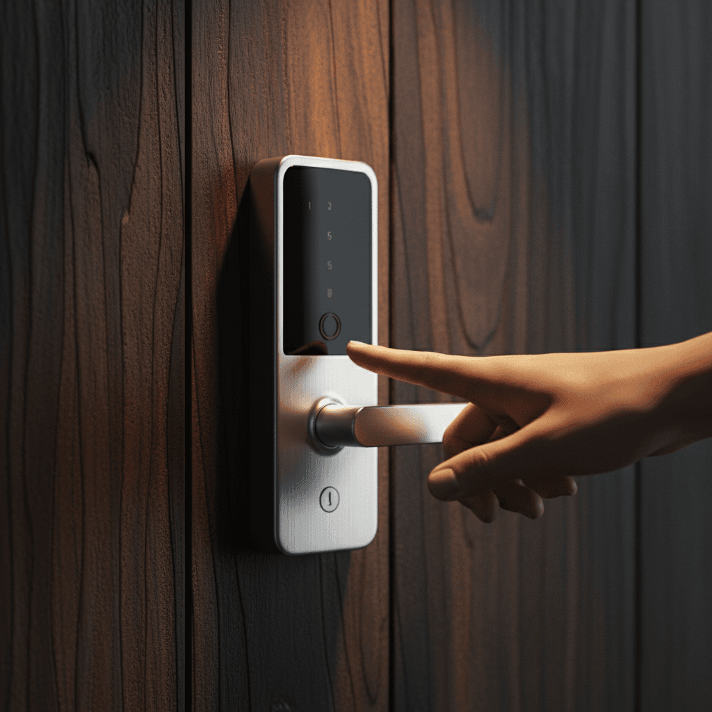 Smart door lock on wooden entrance door with hand approaching
