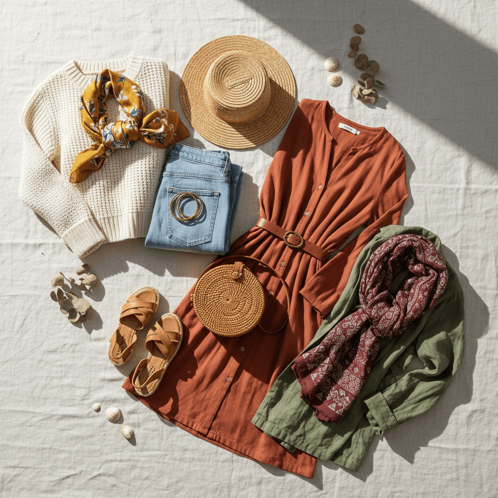 Flat lay of seasonal clothing items arranged on light surface