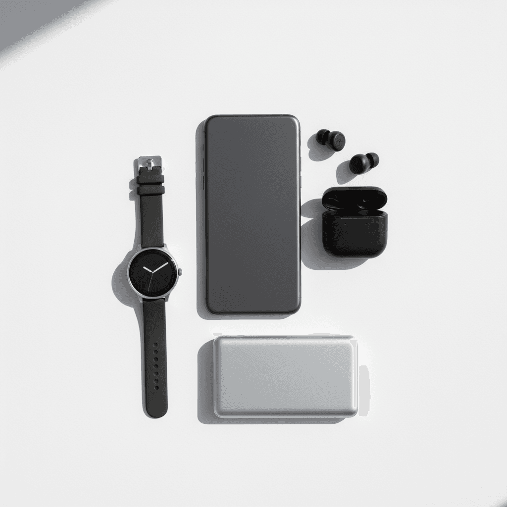 Latest smartwatch with accessories neatly arranged