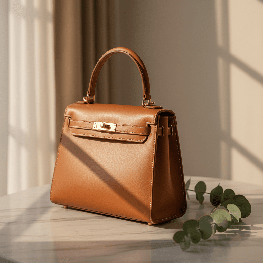 Customer examining quality of luxury handbag