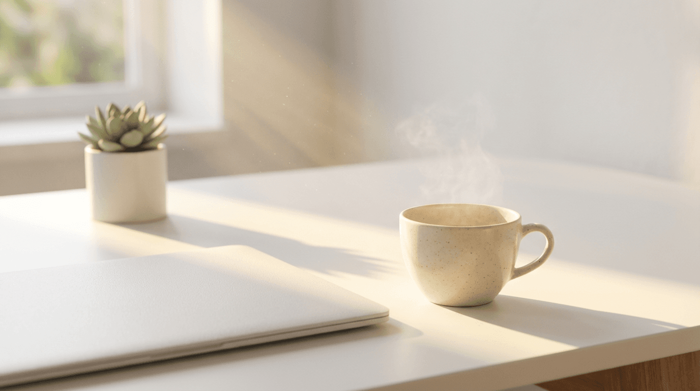 Modern home office workspace with laptop and natural light